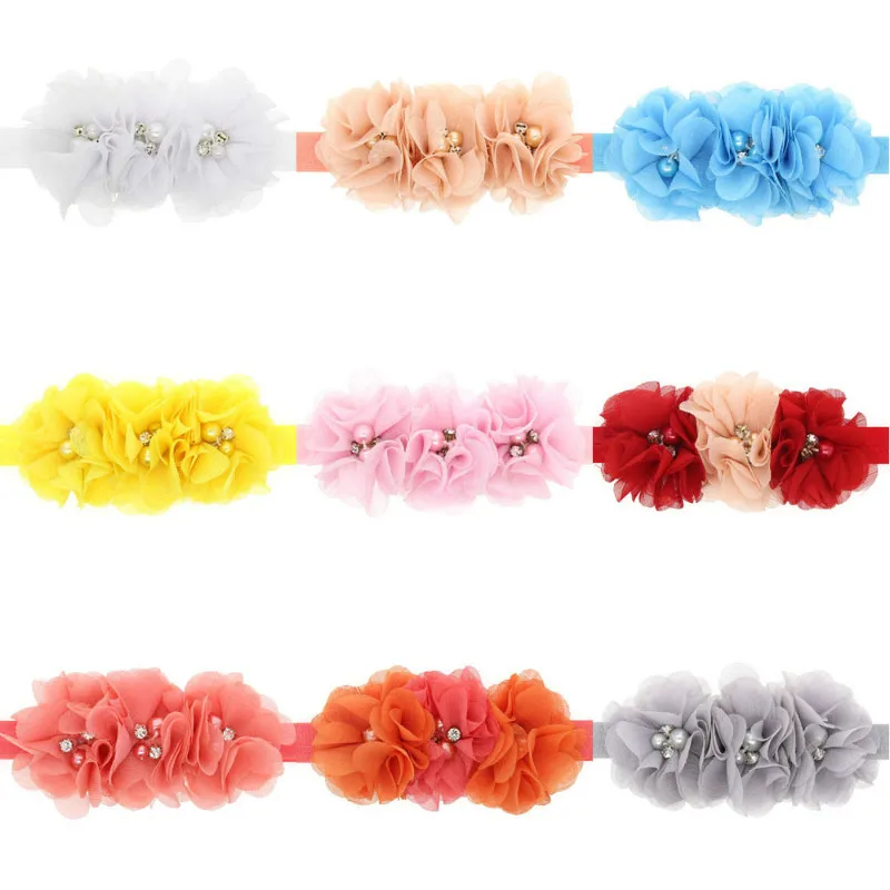 Cute Baby Girls Chiffon Flowers Beads Headbands Elastic Hair Headwear Infants Fashion Decorative Party Accessories | Детская одежда и