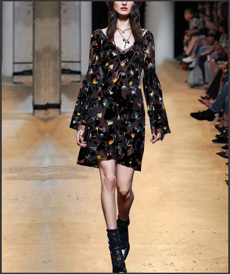 

Robe Femme Ete2018 Spring Autumn Vintage Lace Print Dress Women Charming Office Dress Black Chiffon Sexy V-Neck Party Mini Dress