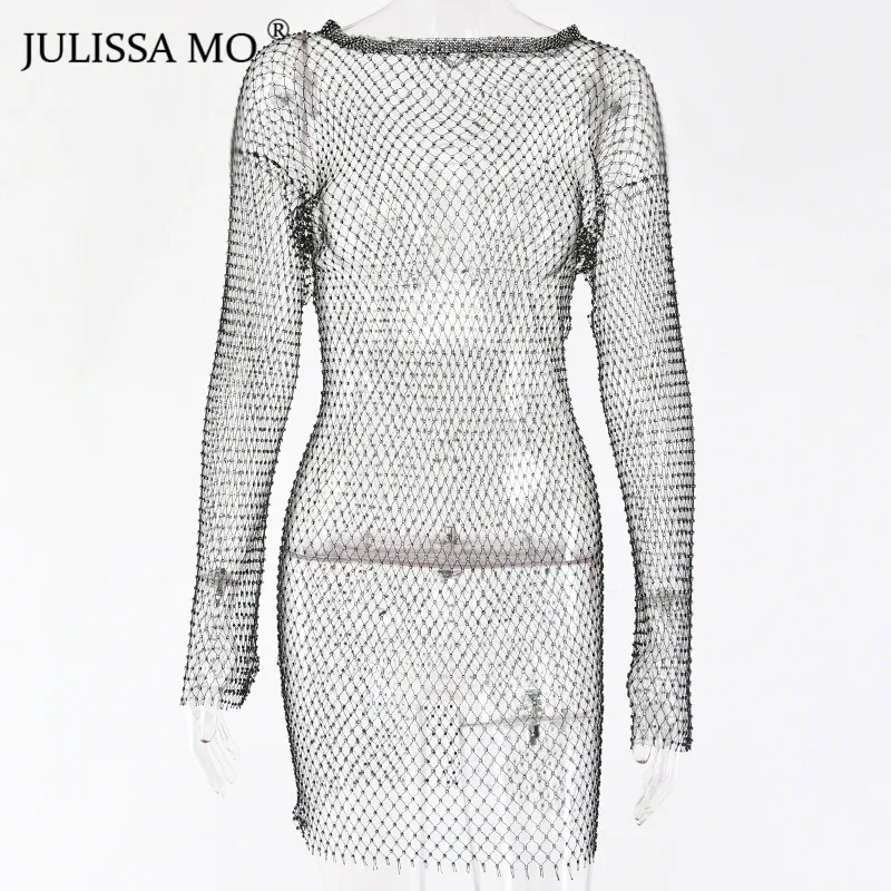 Женское Сетчатое мини-платье JULISSA MO с вырезами и стразами летнее прозрачное