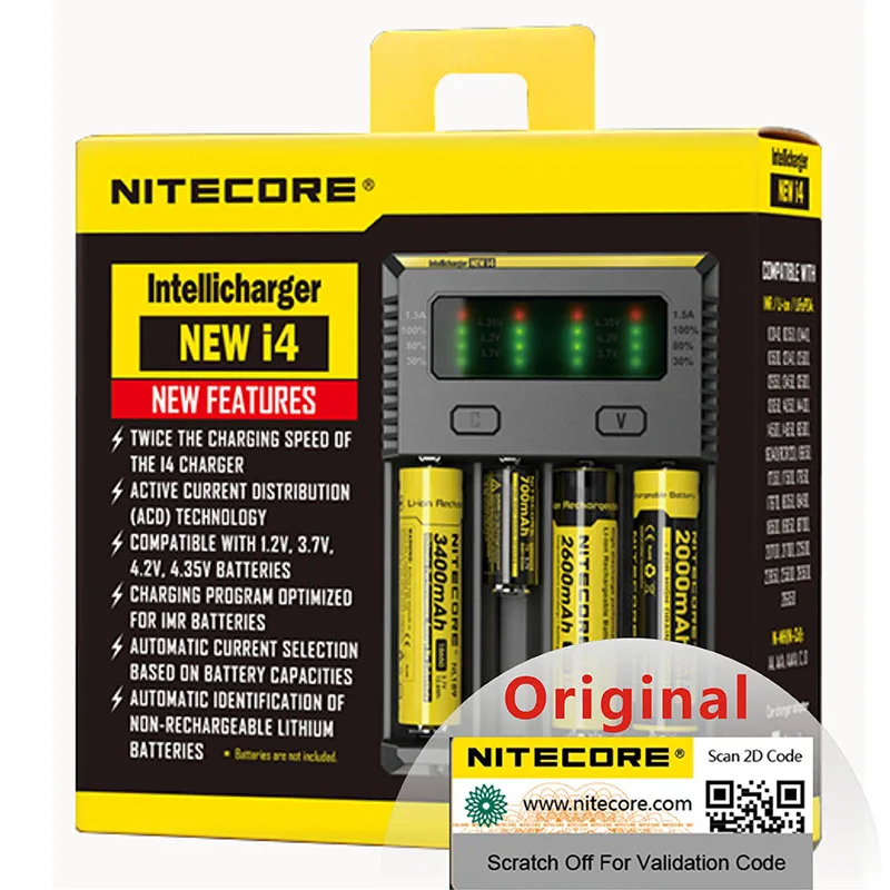 Original Nitecore New I4 Battery Charger 18650 14500 16340 26650 LCD Li-ion Fast 12V Charing for A AA AAA Batteries | Электроника