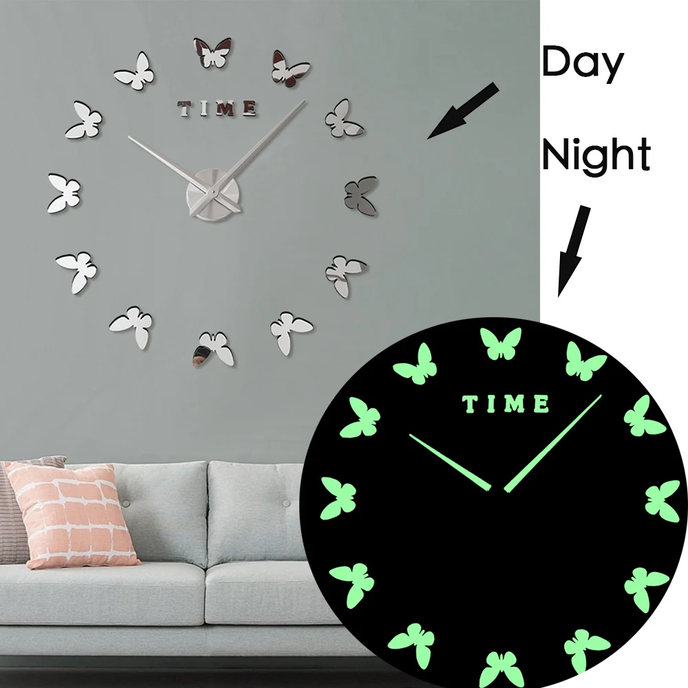 Светящиеся бабочки новые настенные часы Horloge Murale Diy 3d акриловые Зеркальные Стикеры большие домашние кварцевые современный дизайн