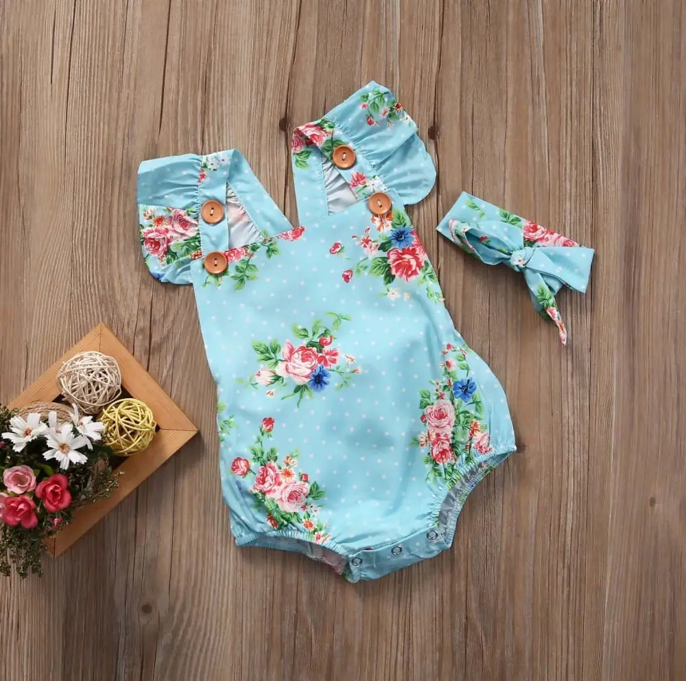 

Newborn Baby Girls Floral One-pieces Romper Sunsuit Headband Clothes Set 0-24M