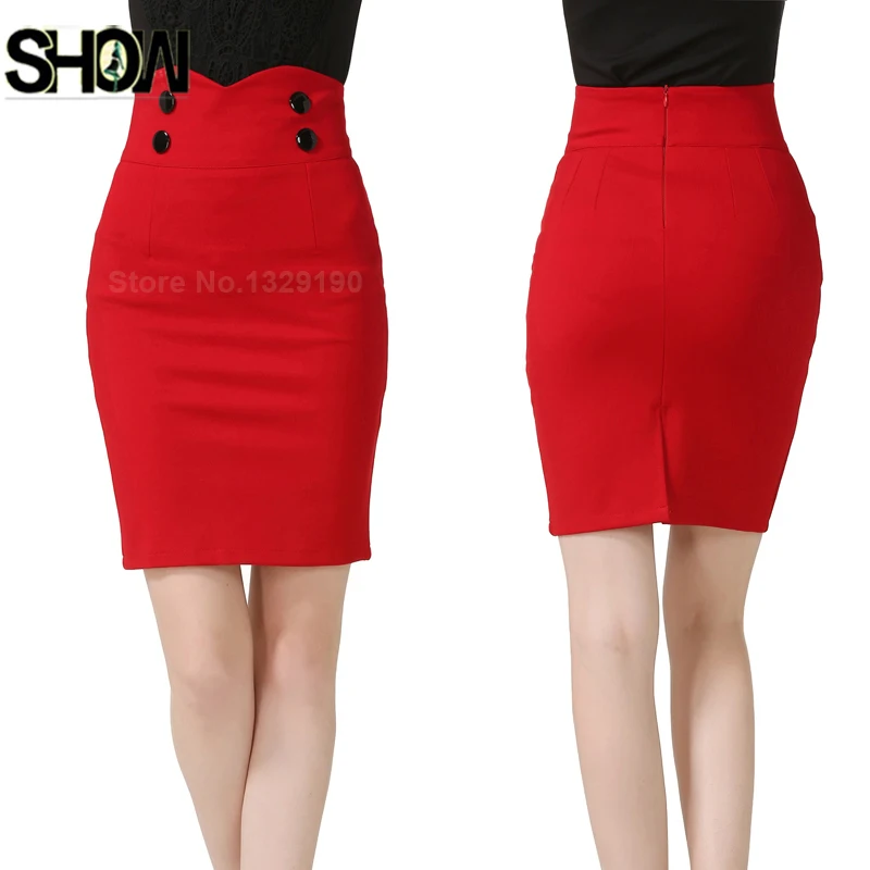 Women's Casual Button Front Mini Skirts Office Lady Work Formal Uniform Black Red High Waist Bodycon Bandage Pencil 2528 | Женская