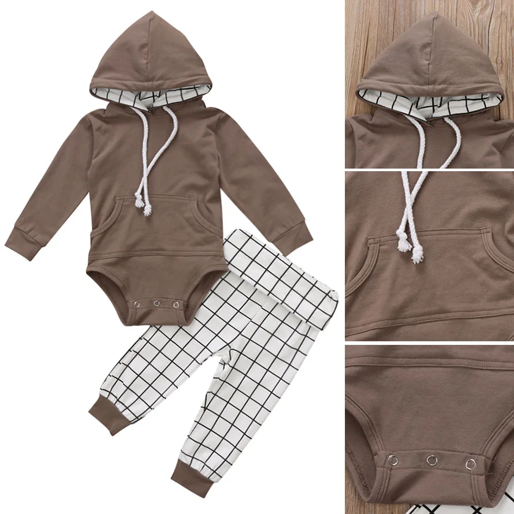 Одежда для маленьких мальчиков и девочек, комбинезон с капюшоном+ клетчатые штаны, комплект одежды из 2 предметов