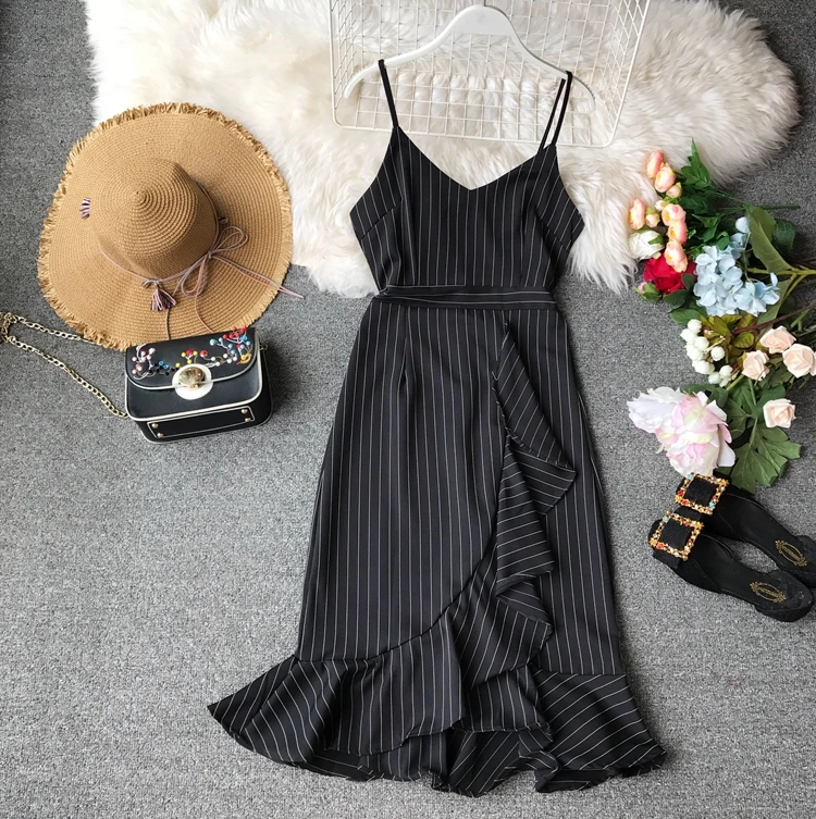 ALPHALMODA Полосатое летнее платье на тонких бретельках, приталенное асимметричное Плиссированное ТРАПЕЦИЕВИДНОЕ женское летнее платье - Цвет: Черный