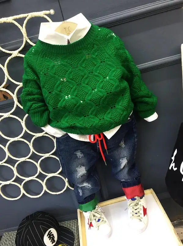 3pcs set Комплекты осенне-зимней одежды для маленьких мальчиков, детский вязаный свитер+ рубашка+ джинсы, комплекты одежды из 3 предметов, детские спортивные костюмы для 2-6 лет - Цвет: 3pcs set