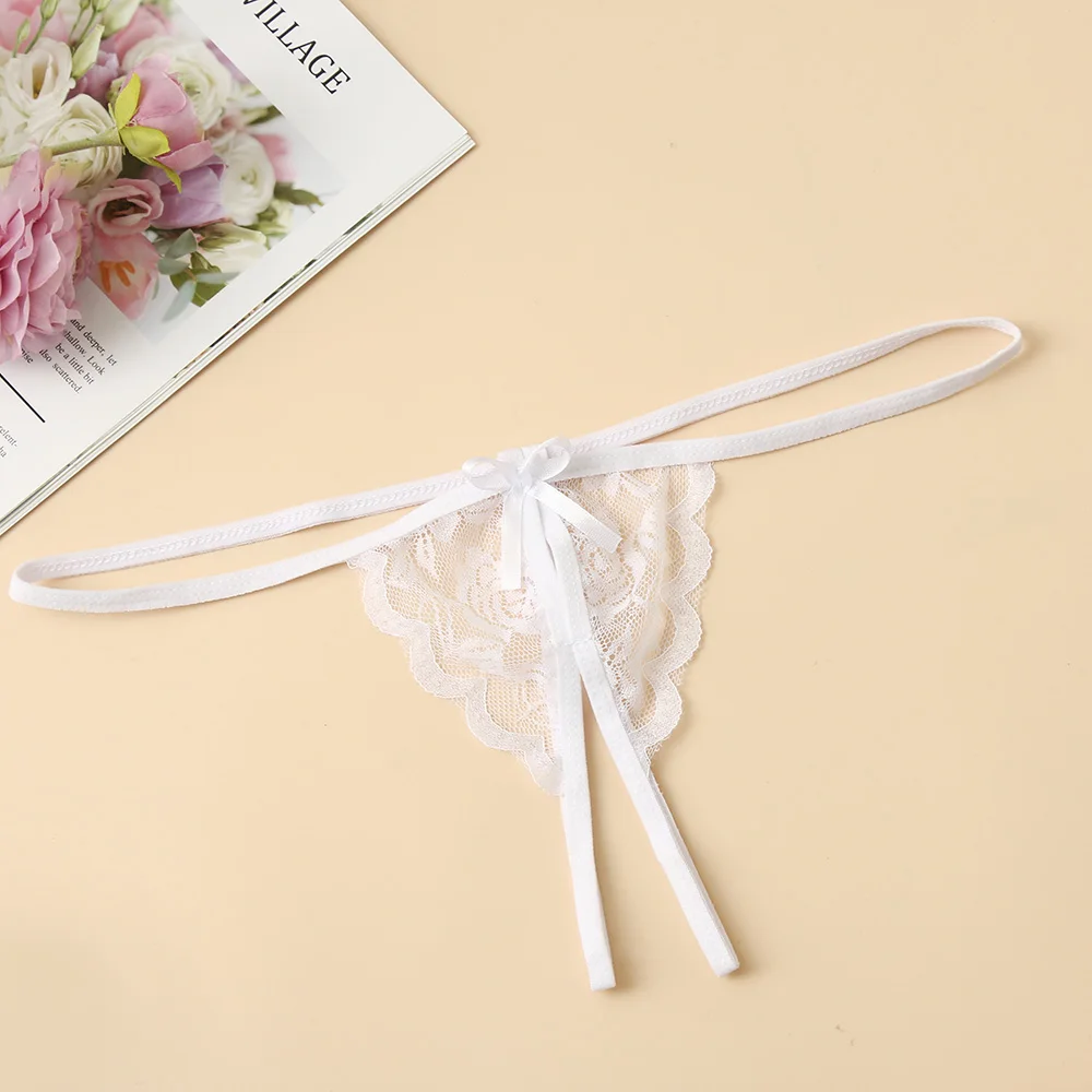 Женские прозрачные кружевные трусики с Т образной спинкой и бантом|Трусики| |