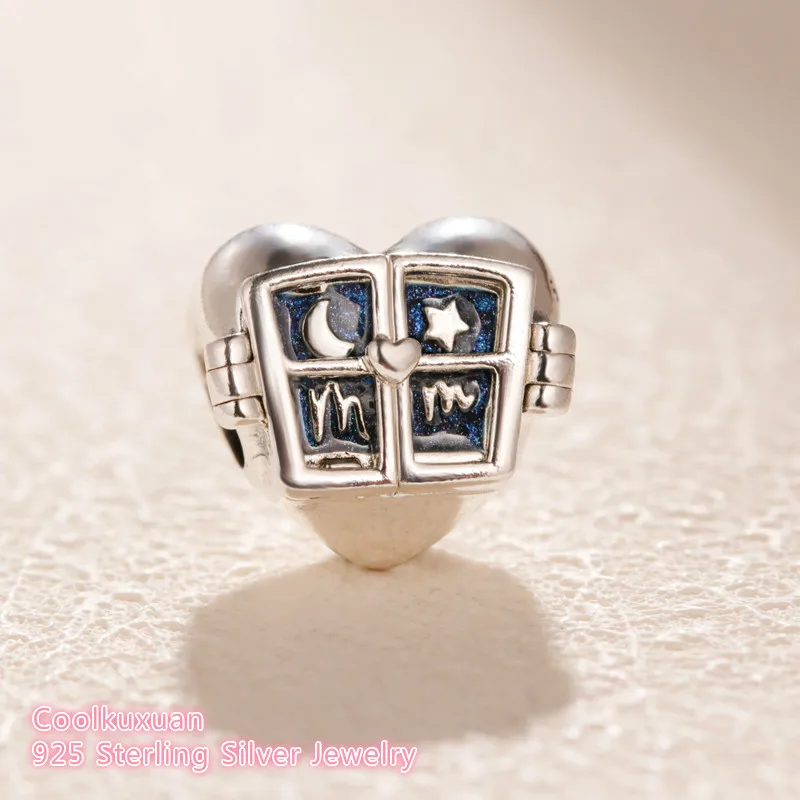  Mother's Day 100% 925 Sterling Silver Window Heart Charm Blue Enamel beads Fits Original Pandora bracelets Jewelry Making | Украшения