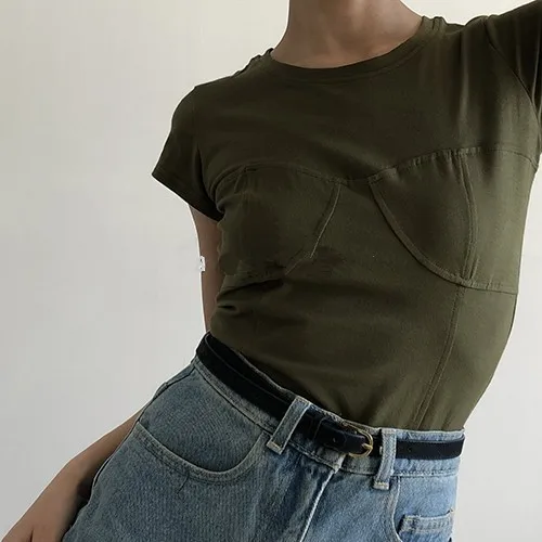 Army green Винтажный дизайн бюстгальтеров с круглым вырезом, однотонная короткая тонкая женская летняя футболка с коротким рукавом - Цвет: Army green