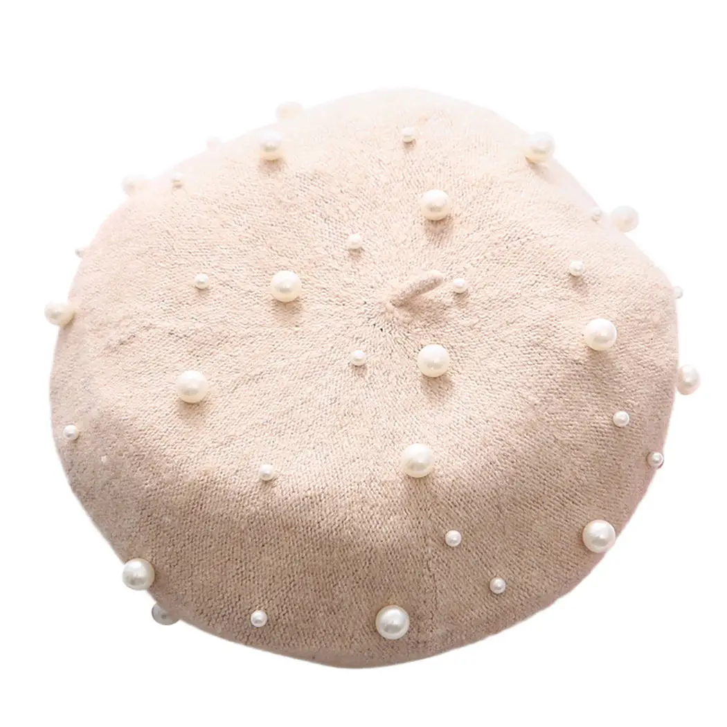 Beige Милая шляпа художника для девочек, Модный берет с жемчугом для женщин, Классическая Шапка художника s, Осень-зима, теплые жемчужные бусы, шапка Feminina - Цвет: Beige