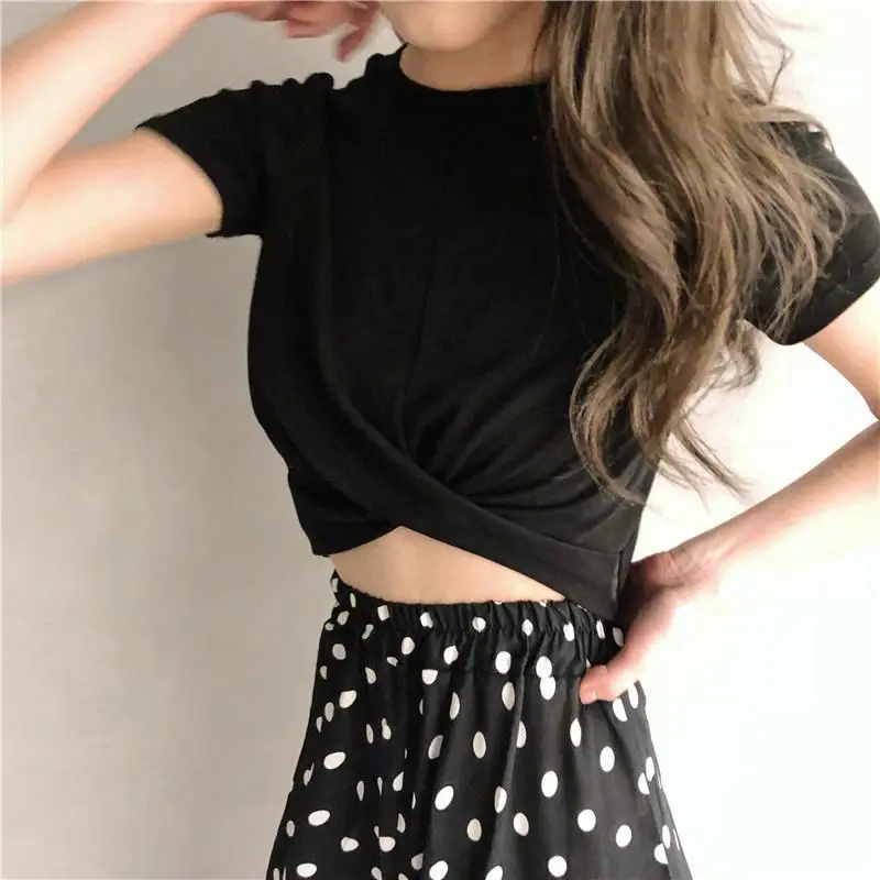 Yfashion Короткие топы футболка женская летняя сплошной цвет черный белый Круглый