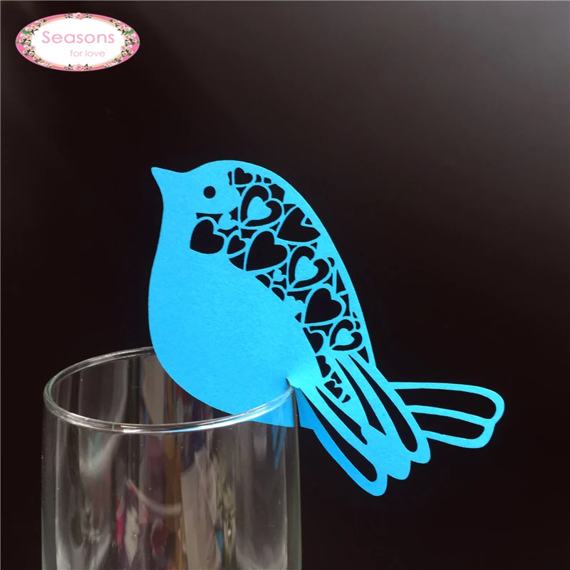 

New 50pcs Laser Cut Wine Glass Cards Birds Love Heart Paper Card Wedding Supplies Party Decoration Escort Cup Card