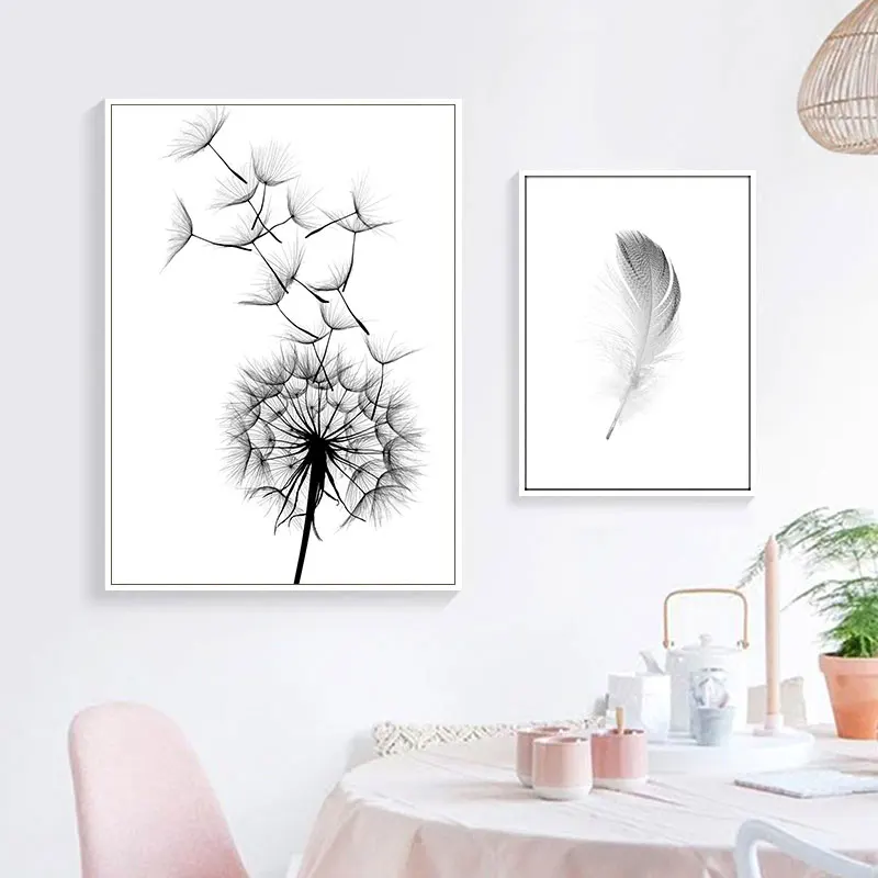 Black And White Poster Abstract Feather Canvas Print Dandelion Painting Love Quotes Posters Prints Wall Art Decor Unframed | Дом и сад