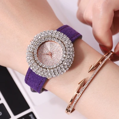 Фиолетовый Relogio feminino, красные женские часы, модные, под платье, кварцевые часы с кожаным ремешком, часы с бриллиантами, женские наручные часы, Новое поступление - Цвет: Фиолетовый