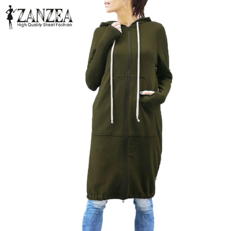 Army Green ZANZEA плюс размер 5XL осень зима женские толстовки на молнии с капюшоном длинный свитер платье с длинным рукавом мешковатое пальто куртка верхняя одежда - Цвет: Army Green