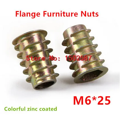 20pcs/lot M6*25 Furniture Nut Zinc Alloy Steel Colorful Plated Flanged Hex Drive Internal Thread Insert Wood Nuts