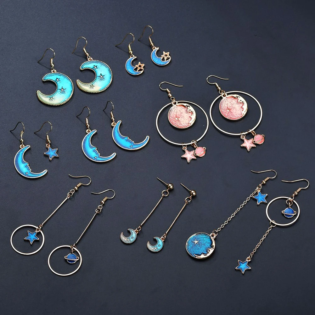 Женские асимметричные серьги-подвески длинные серьги розового и синего цвета в