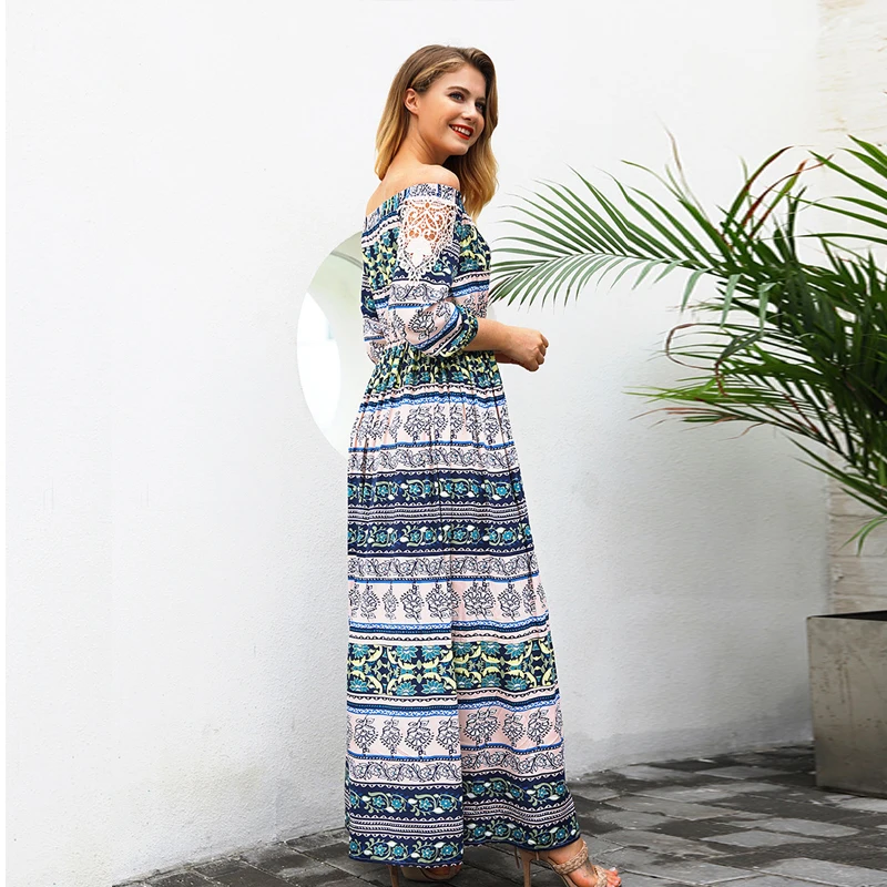 GOPLUS Для женщин богемные Цветочный принт с открытыми плечами платье до щиколотки