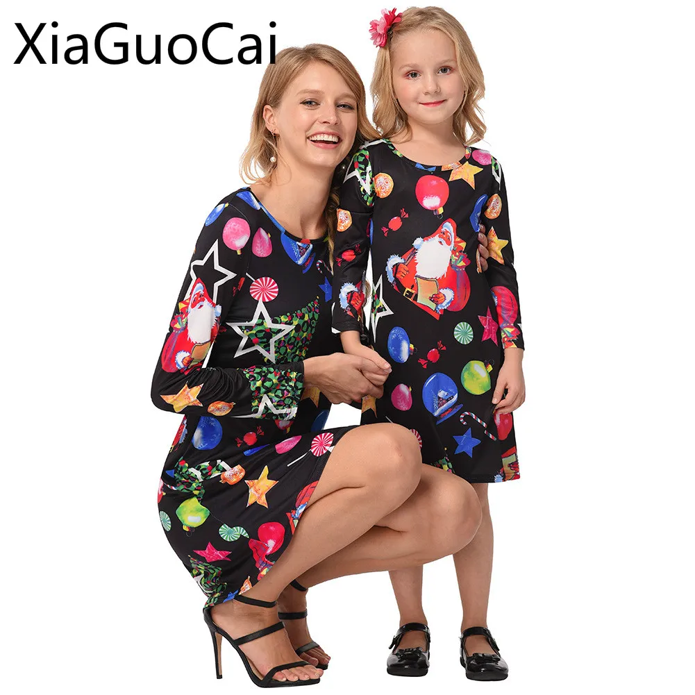 

Mom Daughter Dress for Holiday 2018 Hot Sale Christmas Print Dress Mommy Clothes Fashion Skirt Family Matching Dress