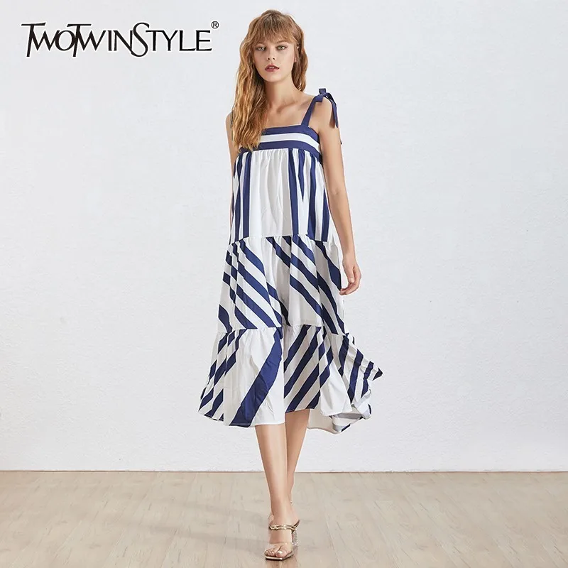 Платье TWOTWINSTYLE платье в полоску для женщин с открытыми плечами без рукавов бантом