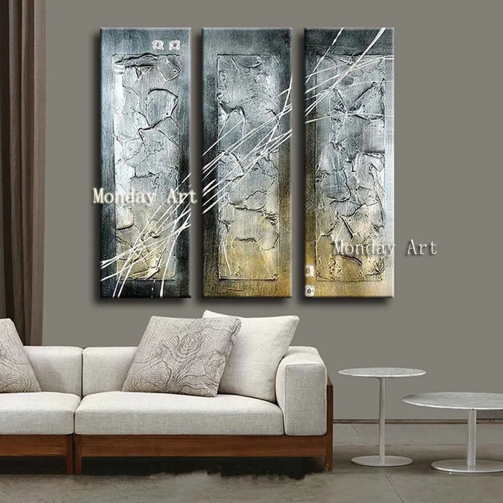 

3 Piece/set 100% Hand Painted Thick black silver abstract Canvas Oil Painting Wall Art Picture Home Decoration for Living Room