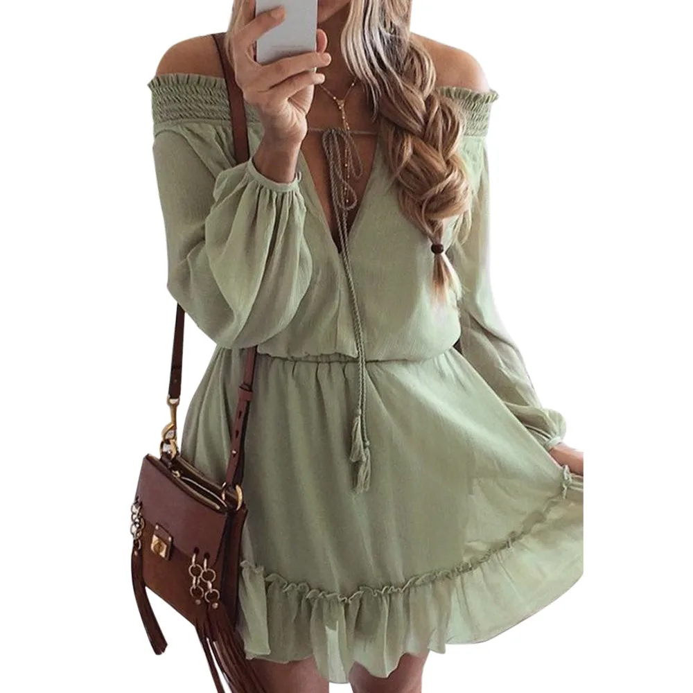 Feitong Boho осеннее женское платье, повседневное свободное шифоновое платье с длинным рукавом, Сексуальное мини платье с открытыми плечами, vestidos femininos