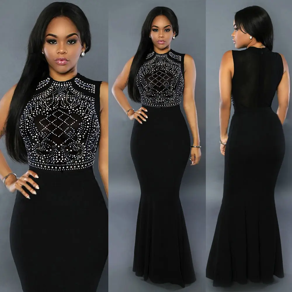 Сексуальное женское длинное облегающее платье без рукавов с бусинами летнее