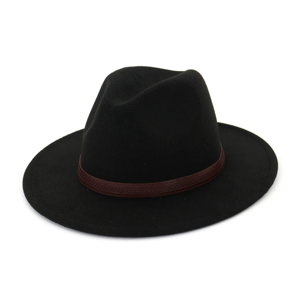 QIUBOSS Панама Джаз Fedora кепка для женщин и мужчин Шерсть фетр остроконечные широкие полями Дерби шляпа кофе кожа Украшение Gambler Chapeau QB42
