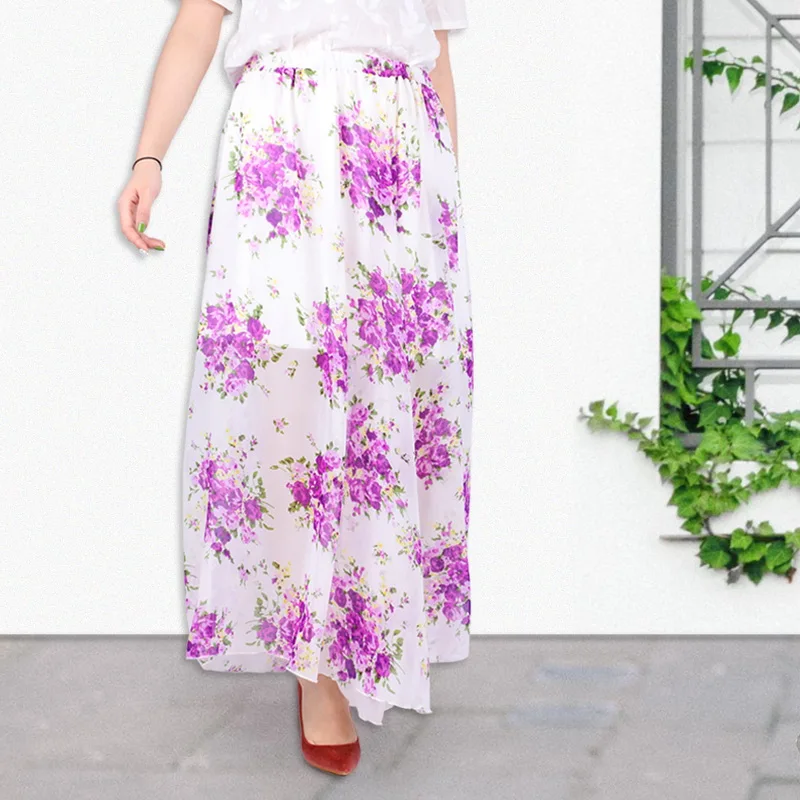 Женская длинная юбка в стиле бохо летняя шифоновая с цветочным принтом и рюшами