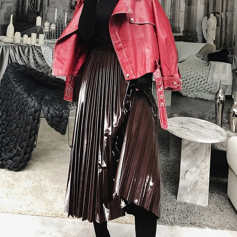 TWOTWINSTYLE PU Leather Elastic Female Skirts Solid High Waist A Line Pleated Skirt For Women Fashion Korean Style 2018 Autumn | Женская