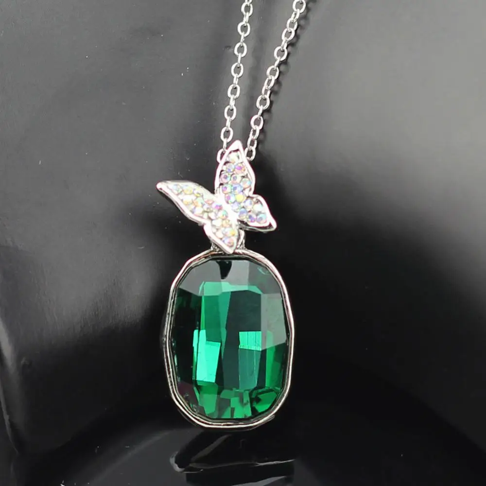 green Женские хрустальные стразы-бабочки, квадратная подвеска на цепочке, ожерелье для девушки на день рождения, модное ювелирное изделие, подарок 80004 - Окраска металла: green