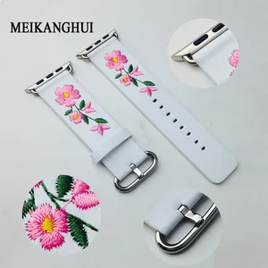 Ремешок из натуральной кожи для Apple Watch 38 мм 42 мм, сменный Браслет с красной цветочной вышивкой для iwatch 1 2 3