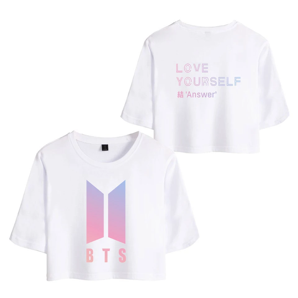 BTS ответ Для женщин открытым пупком футболки для девочек Рубашка с короткими