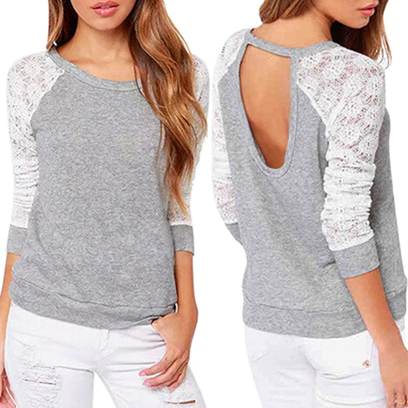 Female sweetshot Long Sleeve Sexy Lace Shirts Backless Embroidery Knitted Tops Pullover girl casual long sleeve for Women