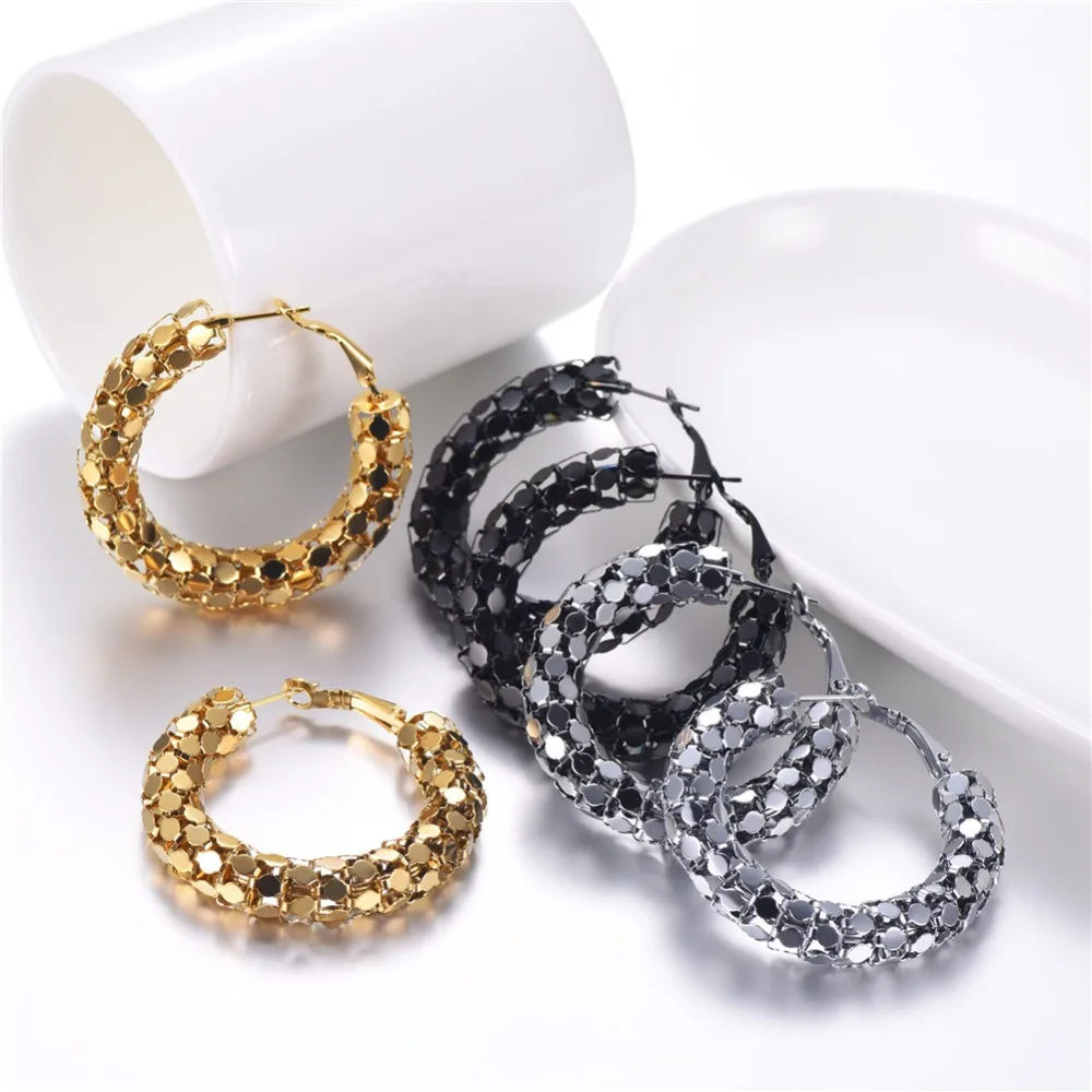 U7 Simple Earrings Round Circle 25mm / 40mm Three Color Trendy Design New Hoop Female Earring Jewelry Party Gift For Women E1014