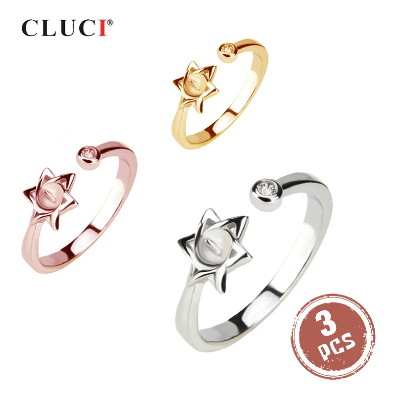 

CLUCI 3pcs Silver 925 Star Ring for Women Valentine Gift Jewelry Adjustable Simple Zircon Pearl Ring Mounting SR2059SB