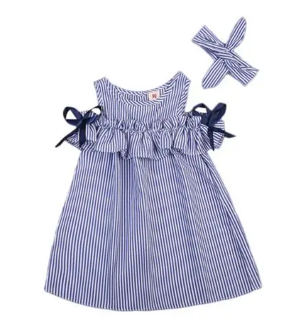 

2018 new Hot Summer Toddler Kids Baby Girls lovely Clothes Blue Striped Off-shoulder ruffles Party Gown Formal Dresses