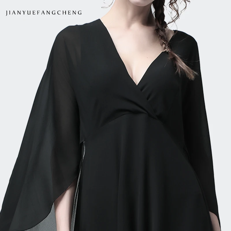 

Floor-Length Women Dress Black Chiffon Cloak Sleeves Deep V-Neck Long Tulle Dresses Plus Size Summer Long Maxi Party Dresses