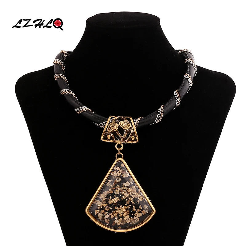 LZHLQ винтажные резные геометрические ожерелья с подвеской из смолы модные цепочки