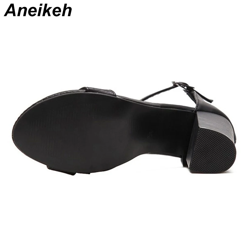 Aneikeh/ летние женские босоножки; большие размеры 35-42; босоножки с ремешком на щиколотке; сандалии-гладиаторы на Высоком толстом каблуке; женские туфли-лодочки черного цвета