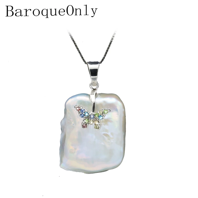 BaroqueOnly Барокко Подвеска из натурального пресноводного жемчуга ожерелье с цирконом AAA ювелирные изделия инкрустированная бриллиантами Серебряная бабочка дизайн PJ