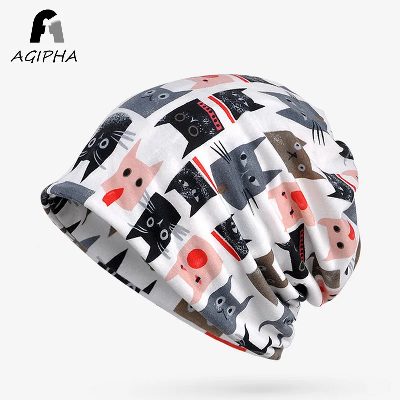 Милые шапки с узором кошек для женщин, изготовленные из мягкого и теплого хлопка, с карикатурными рисунками женских черепов, шапки-бини и шарфы для дам, 1 шт. в упаковке.