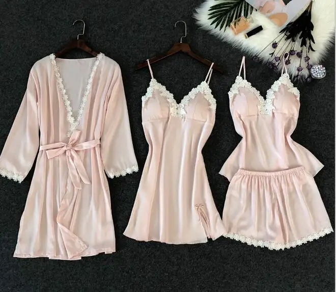 pink A Комплект из 4 предметов, сексуальное шелковое атласное ночное белье, Цветочный халат+ ночная рубашка+ топ-комбинация+ шорты, кружевное ночное белье, домашняя одежда для женщин - Цвет: pink A