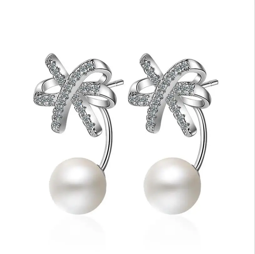 

TJP New Fashion 925 Silver Earrings For Women Jewelry Cute Girl Bowknot Pearl Drop Earrings Micro Stones Trendy Christmas Gift