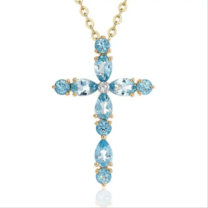 Fashion Zircon Blue Cross Pendant Necklace For Women Jewelry Charm Silver Plated Girls Gold Accessories 2019 Hot Sale | Украшения и