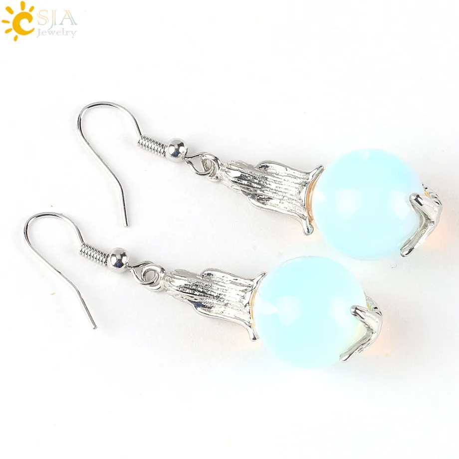 Женские серьги подвески русалки CSJA круглые из натурального камня с опалом