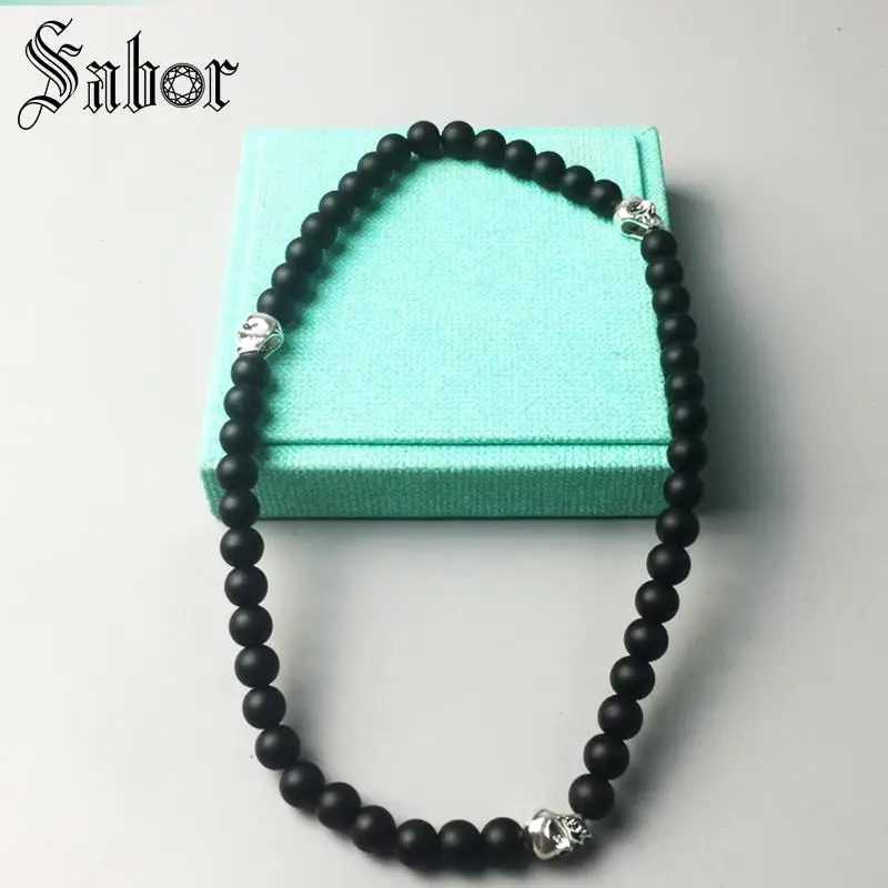 Колье из ленты с цепочкой черепом Rebel матовые черные бусины обсидиана и