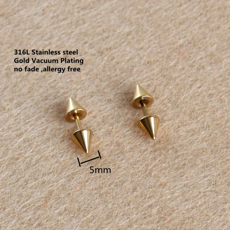 

Titanium Stud Earrings Gold-color Plated Screw-back 5mm Spike-shape 316 L Stainless Steel No Fade Allergy