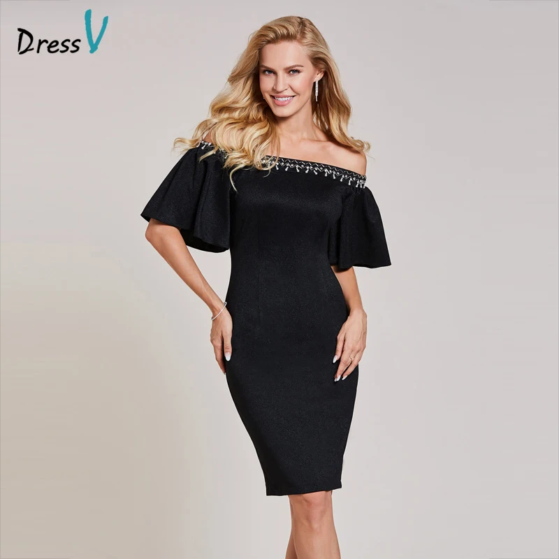Dressv чёрное коктейльное платье Дешевые с плеча длиной до колен половина рукава на