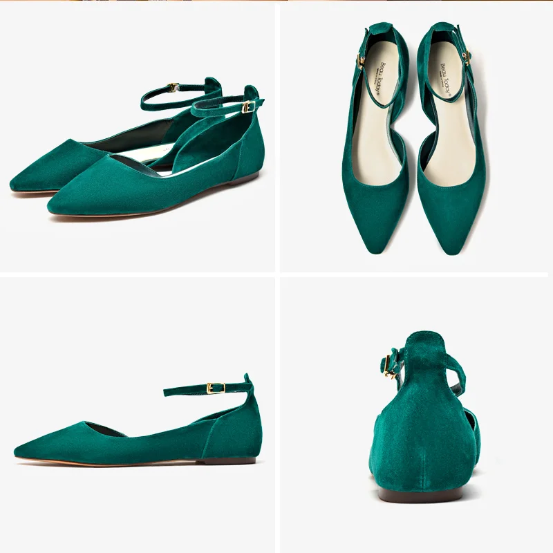 

BeauToday Mary Janes Women Kid Suede Leather Flats Elegant Pointed Toe Ankle Strap Cover Heel Ladies Summer Party Shoes A30063
